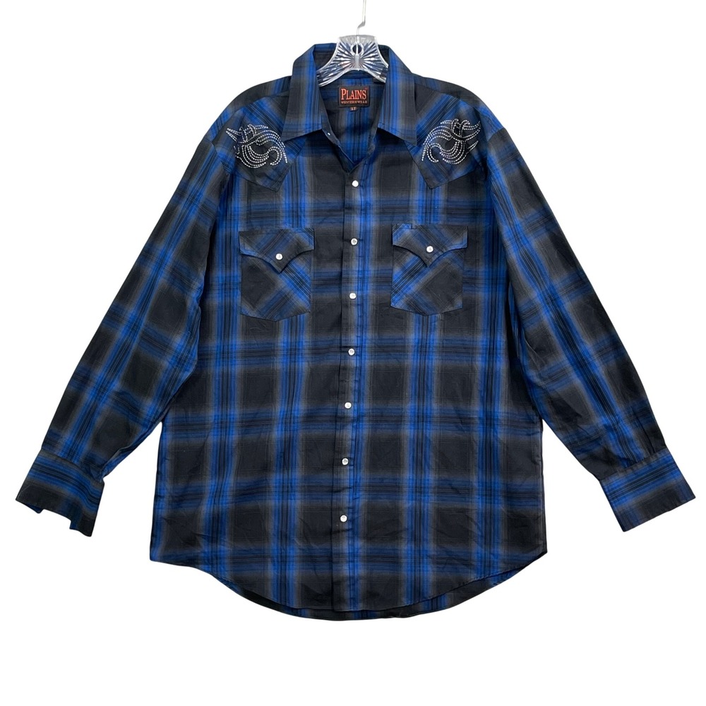 Plains Western Shirt Mens LT Blue Black Plaid Embroidered Snap Front Tall Man
